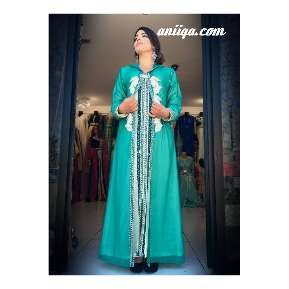 djellaba 2 pieces  grande taille, vert émeraude , caftan brodé , djellaba brodée et perlée, modele 2016,