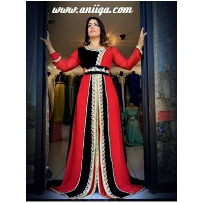 caftan marocain moderne 2018/2019, noir et rouge , mousseline et velours, perlé et brodé