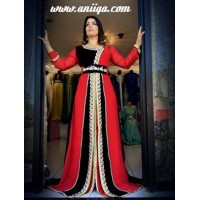 caftan marocain moderne 2018/2019, noir et rouge , mousseline et velours, perlé et brodé