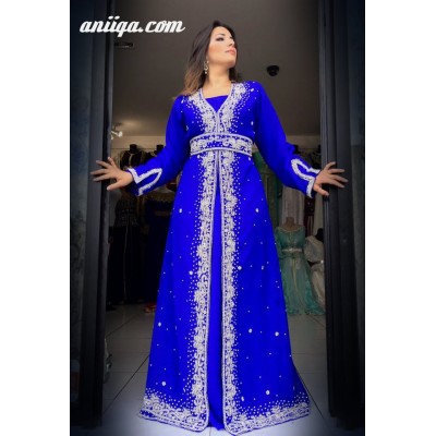 caftan cristal façon sari  bleu roi et argent 