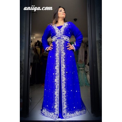 caftan cristal façon sari  bleu roi et argent 