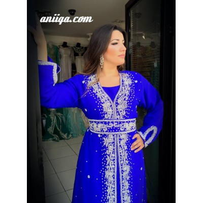 caftan cristal façon sari  bleu roi et argent 