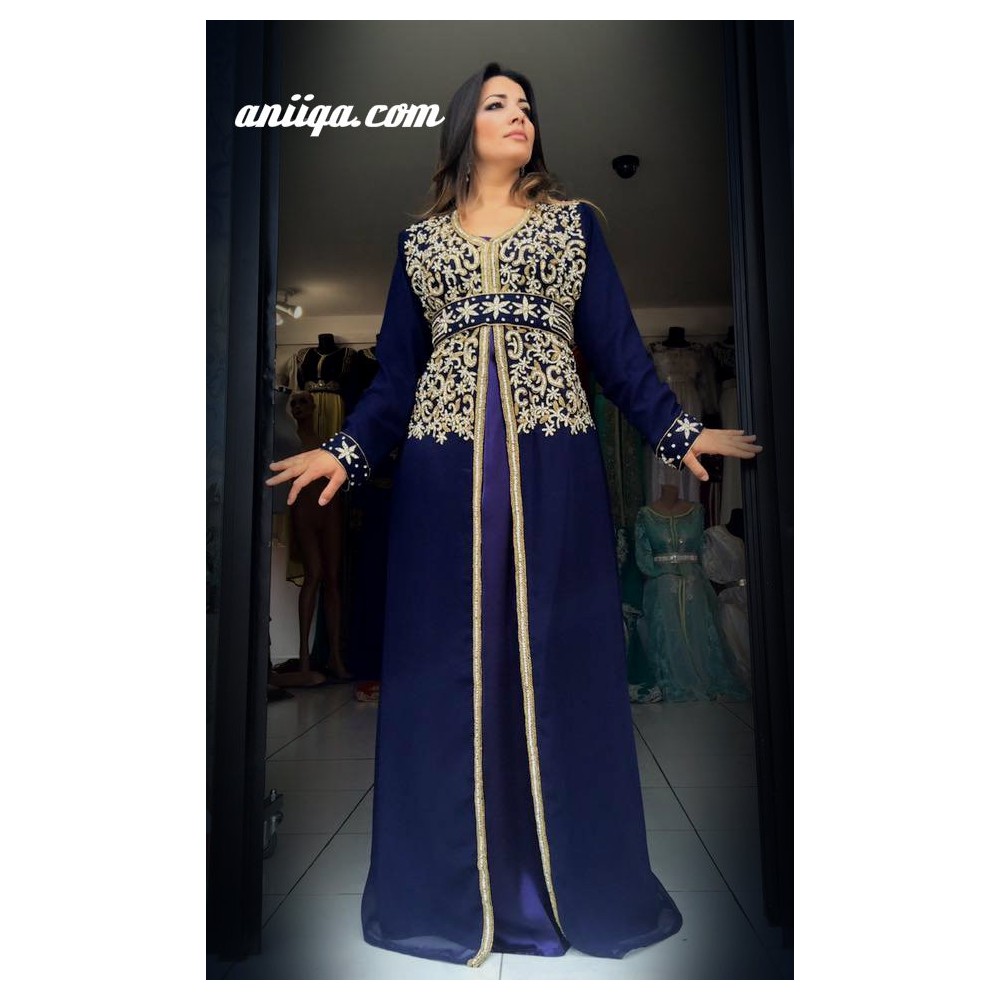 caftan cristal bleu nuit , chic et tendance , en mousseline  et satin 