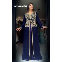 caftan cristal bleu nuit , chic et tendance , en mousseline  et satin 