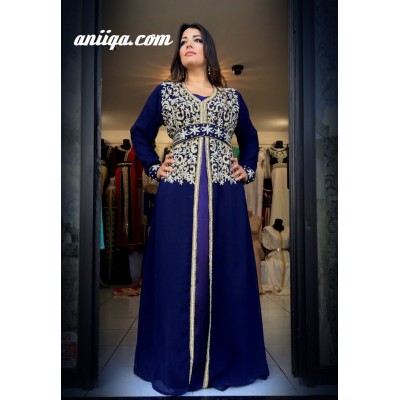 caftan cristal bleu nuit , chic et tendance , en mousseline  et satin 