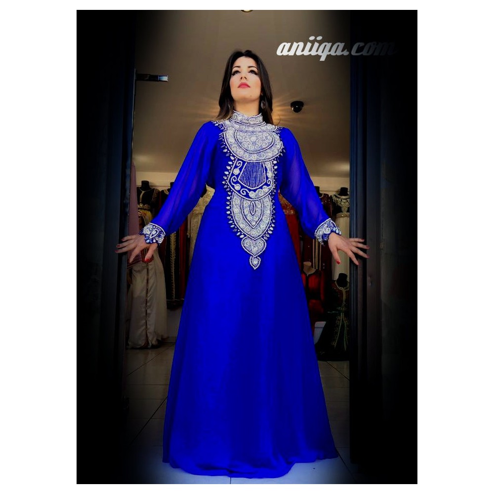 Robe orientale dubai moderne bleu roi et argent 2016, robe luxe dubai