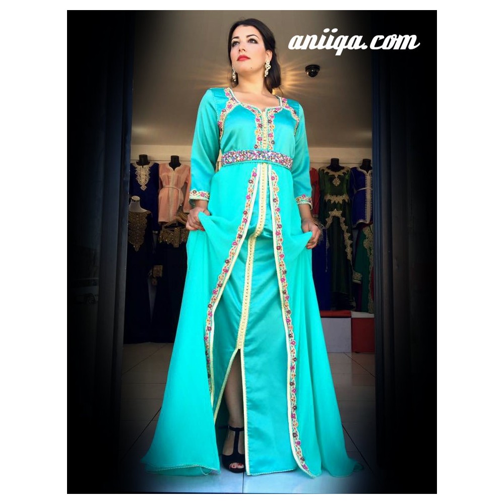 caftan robe orientale  turquoise moderne et chic , modele 2016/2017 , brodé et perlé