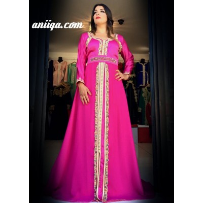 caftan marocain paris rose fushia , moderne et tendance , mousseline et satin 