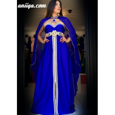 robe de soirée marocaine et orientale bleu roi avec cape , mousseline et satin , modele 2016/2017, style robe de soirée