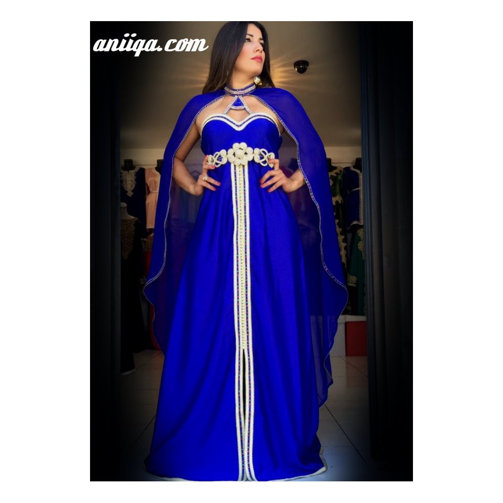 robe de soirée marocaine et orientale bleu roi avec cape , mousseline et satin , modele 2016/2017, style robe de soirée