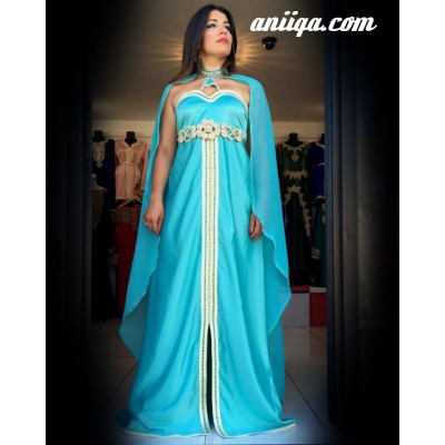 Robe marocain moderne avec cape bleu turuoise , chic et tendance , modele 2016/2017 , mousseline et satin 