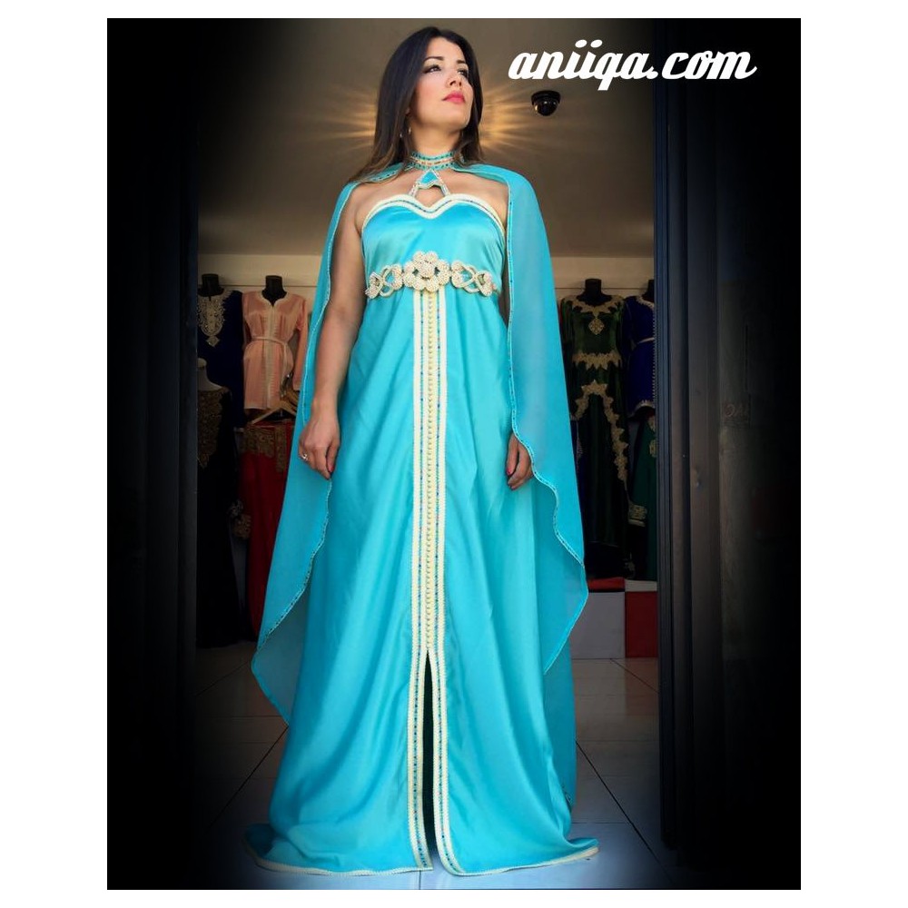 Robe marocain moderne avec cape bleu turuoise , chic et tendance , modele 2016/2017 , mousseline et satin 