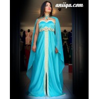 Robe marocain moderne avec cape bleu turuoise , chic et tendance , modele 2016/2017 , mousseline et satin 