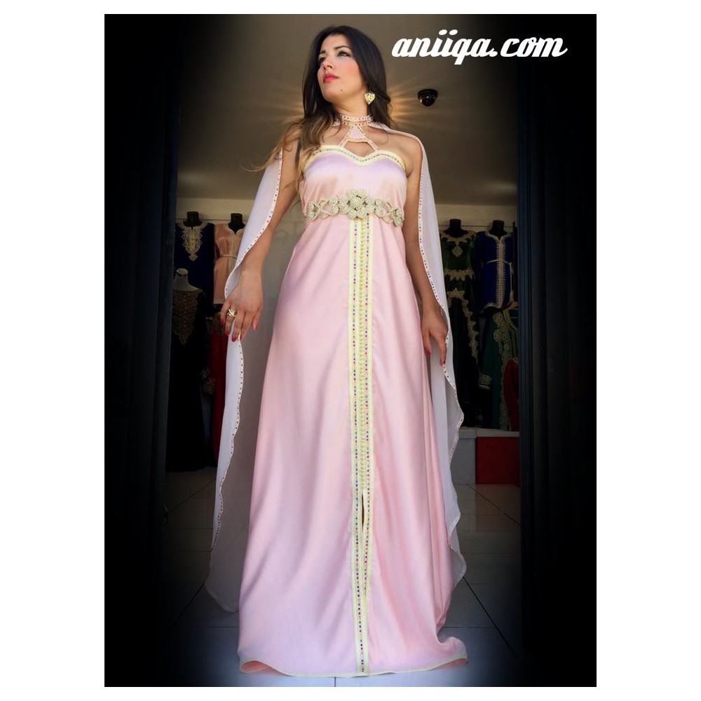 robe marocain moderne avec cape rose pale , mousseline et satin modele 2016/2017