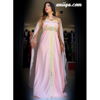 robe marocain moderne avec cape rose pale , mousseline et satin modele 2016/2017