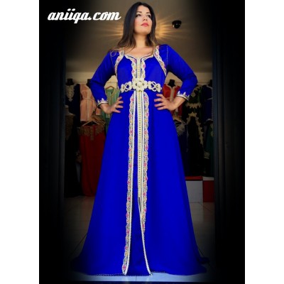 Robe marocaine moderne bleu roi , mousseline et satin , modele 2016:2017