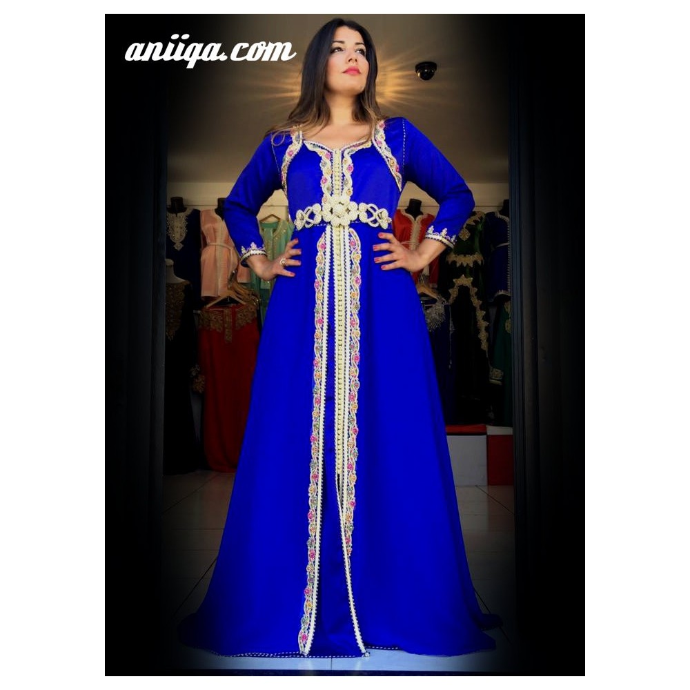Robe marocaine moderne bleu roi , mousseline et satin , modele 2016:2017