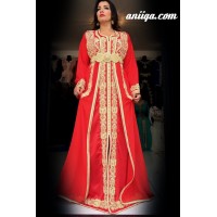 Robe de soirée orientale pour mariage , rouge perlée et brodée , mousseline et satin 