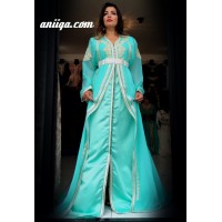 Caftan robe de soirée grande taille bleu ciel , perlé et brodé , mousseline et satin modele moderne et chic