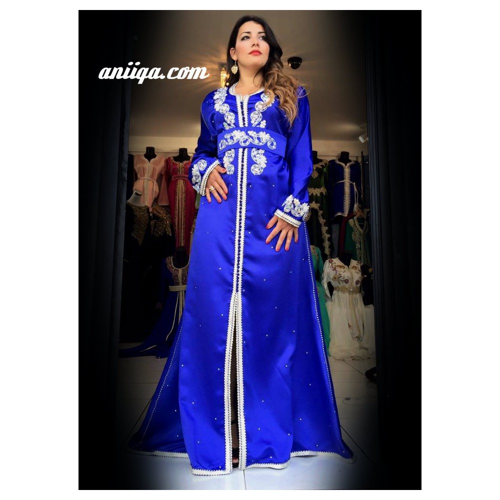 Caftan marocain simple  bleu roi, brodé et perlé,modele 2016/2017 