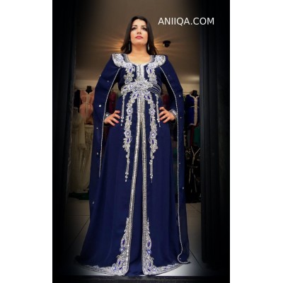 Caftan dubai bleu nuit avec cape moderne