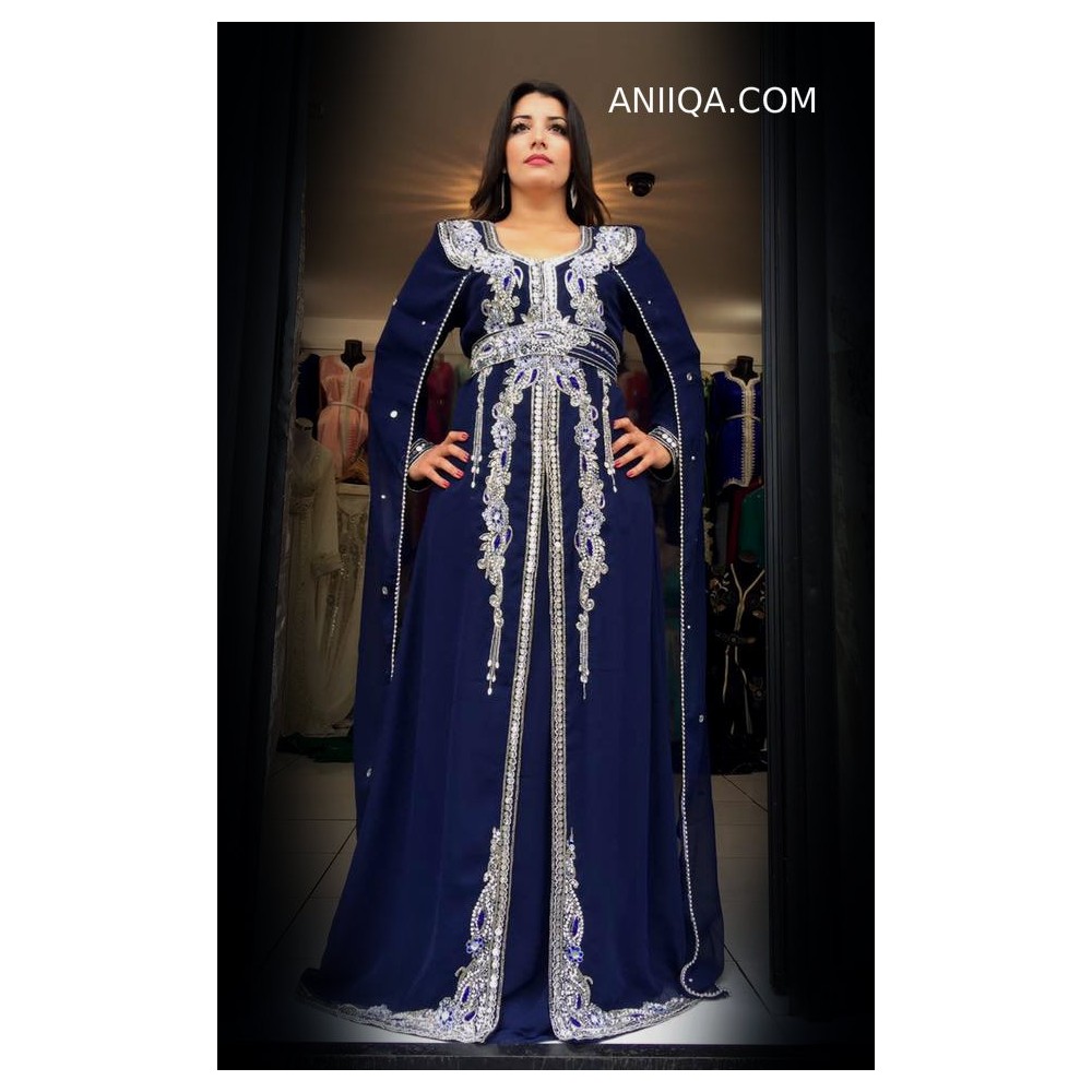 Caftan dubai bleu nuit avec cape moderne