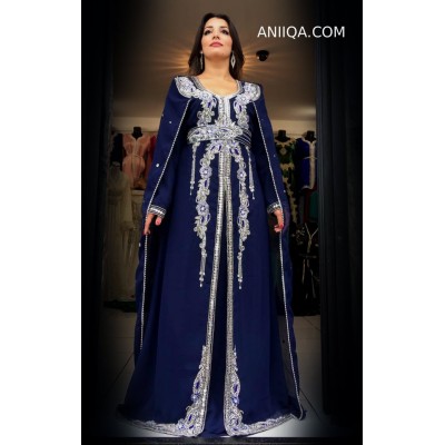 Caftan dubai bleu nuit avec cape moderne