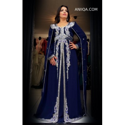 Caftan dubai bleu nuit avec cape moderne