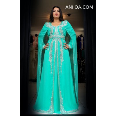 Caftan dubai  moderne  vert d'eau avec cape moderne  