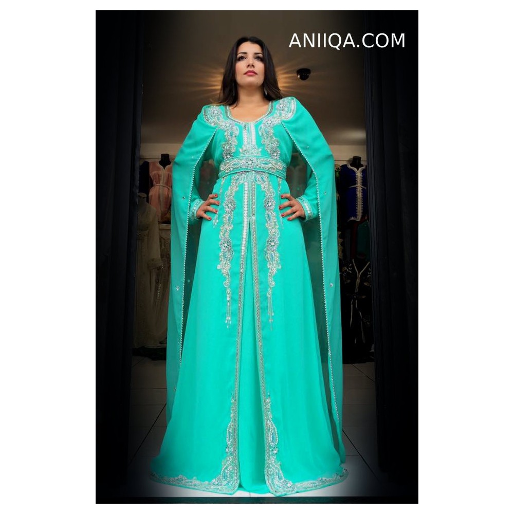 Caftan dubai  moderne  vert d'eau avec cape moderne  