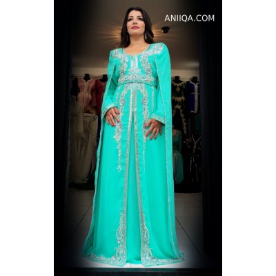 Caftan dubai  moderne  vert d'eau avec cape moderne  