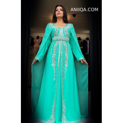 Caftan dubai  moderne  vert d'eau avec cape moderne  