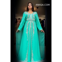 Caftan dubai  moderne  vert d'eau avec cape moderne  