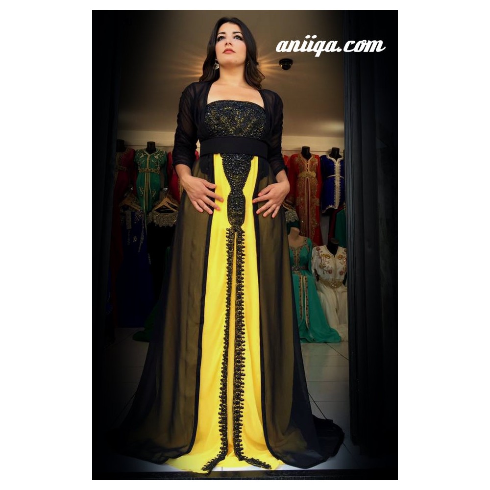 Caftan marocain avec bustier jaune et noir 