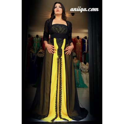 Caftan marocain avec bustier jaune et noir 