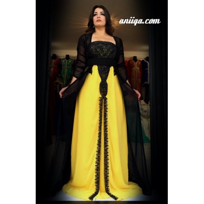 Caftan marocain avec bustier jaune et noir 