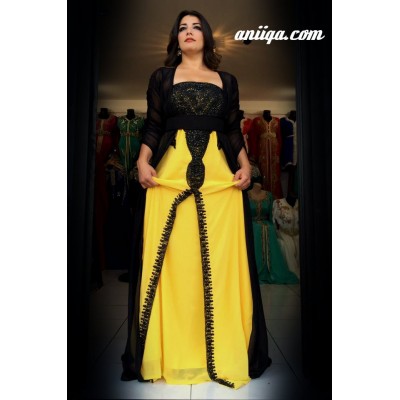 Caftan marocain avec bustier jaune et noir 