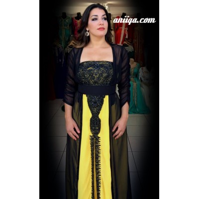 Caftan marocain avec bustier jaune et noir 