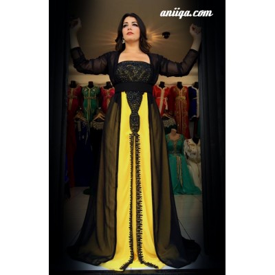 Caftan marocain avec bustier jaune et noir 