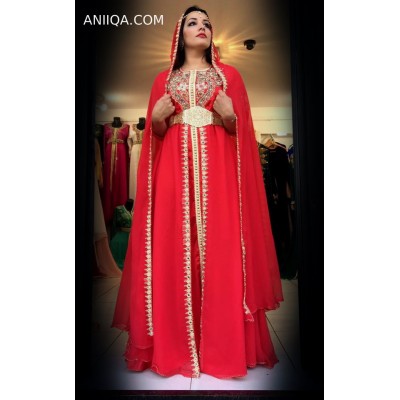 Caftan marocain de mariage rouge  avec cape 