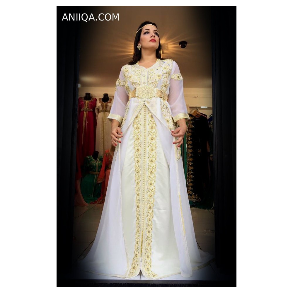 Caftan moderne de mariage blanc et doré