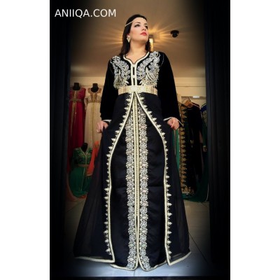 Caftan marocain noir velour et mousseline 