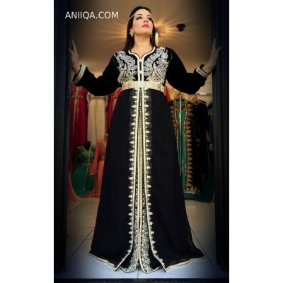 Caftan marocain noir velour et mousseline 