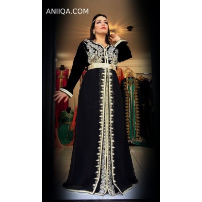 Caftan marocain noir velour et mousseline 