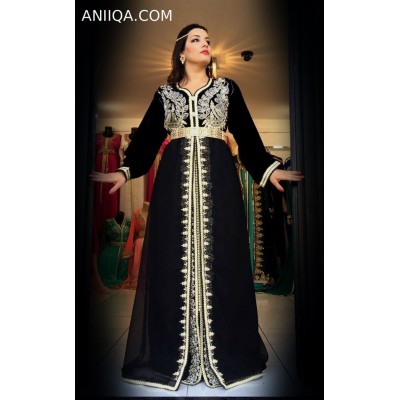 Caftan marocain noir velour et mousseline 