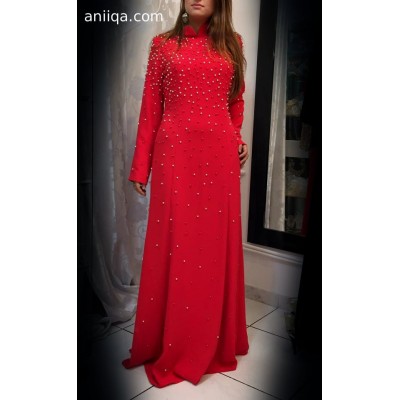 Robe de soirée corail perlée