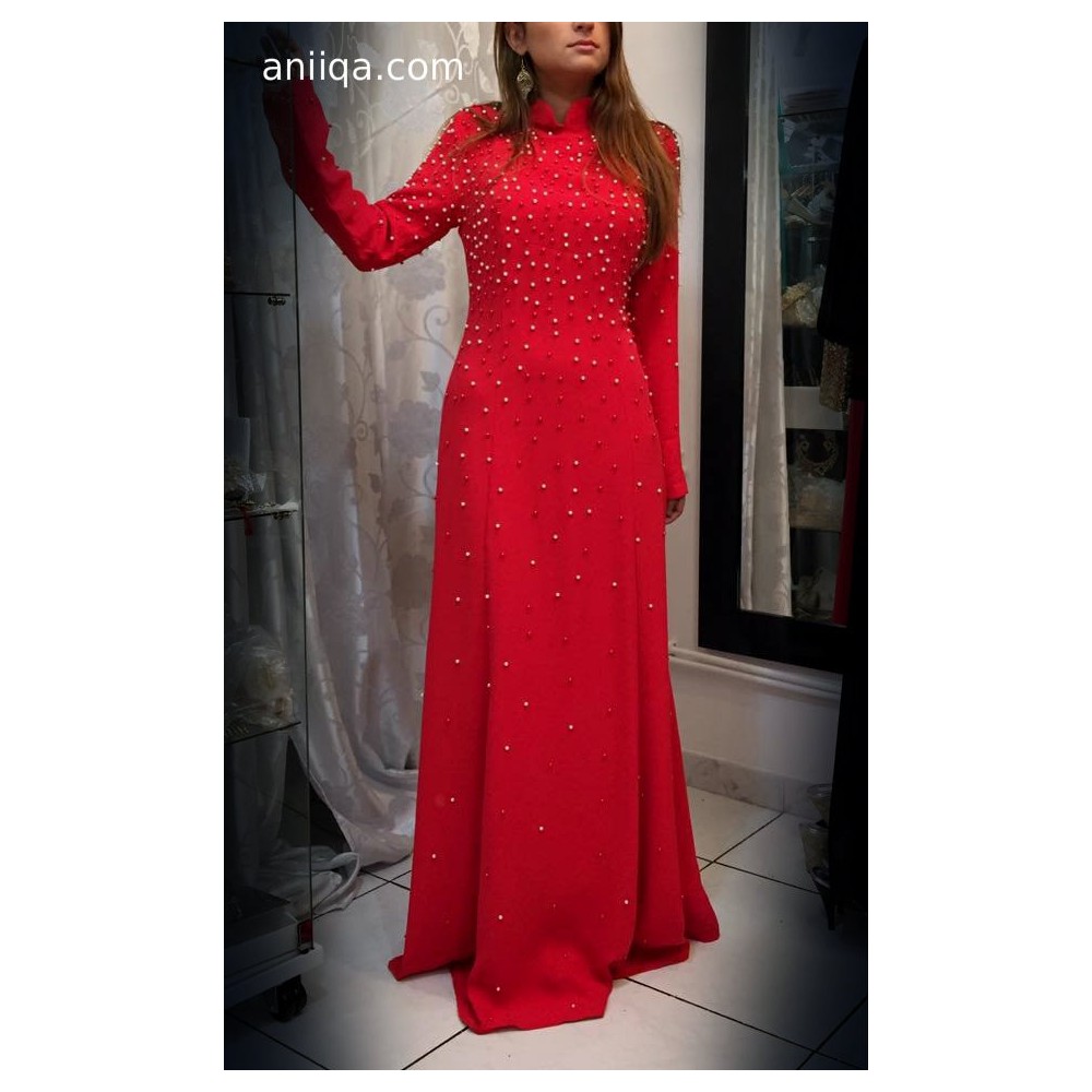 Robe de soirée corail perlée