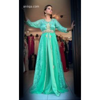 Caftan 2017 dentelle et mousseline vert d'eau