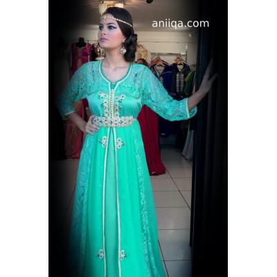 Caftan 2017 dentelle et mousseline vert d'eau