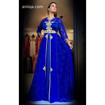 Caftan moderne bleu roi , mousseline et dentelle